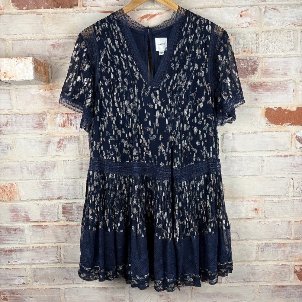 Maeve Anthropologie V-Neck Lurex Oversized Tiered Mini‎ Dress Metallic Lace XXS